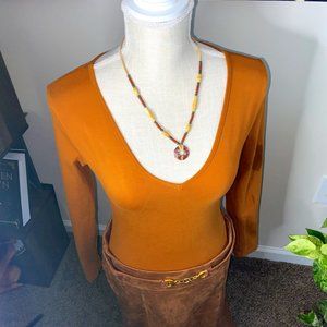 Mangdiup Orange V Neck Retro Thick Onepiece Fitted Body Suit Jump Suit Leotard